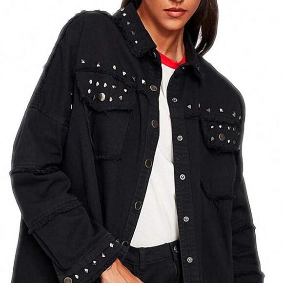 {Zara} Oversized Black Denim Silver Studded Jacket ~ Size Small - Picture 2 of 16